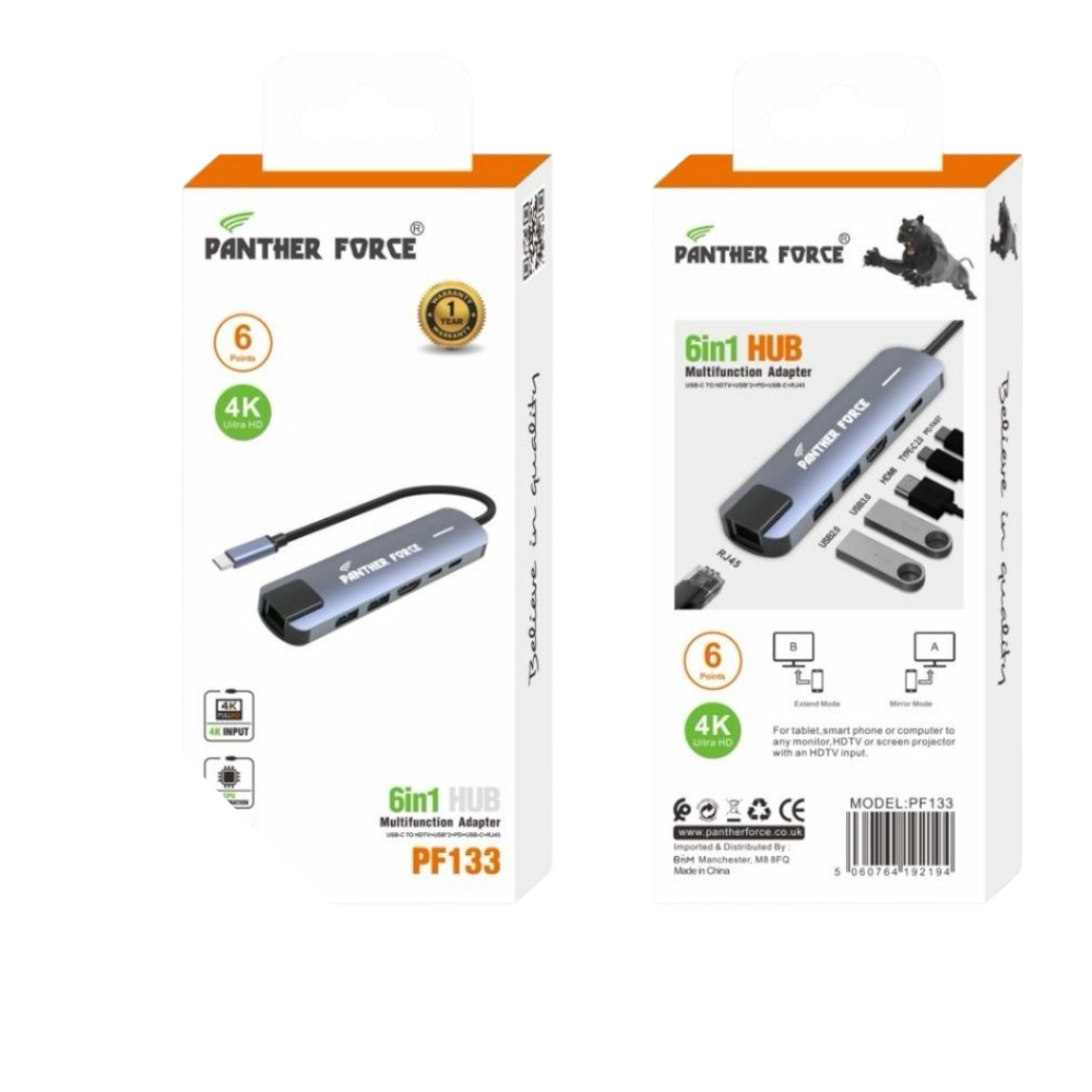 Panther Force 6-in-1 Hub Multifunctional Adapter - PF133 - Versatile Connectivity & 4K HDMI Output Panther Force 6-in-1 Hub Multifunctional Adapter - PF133 - Versatile Connectivity & 4K HDMI Output
